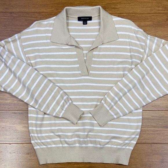Ann Taylor Tan and White Striped Pullover size Medium - Picture 1 of 5